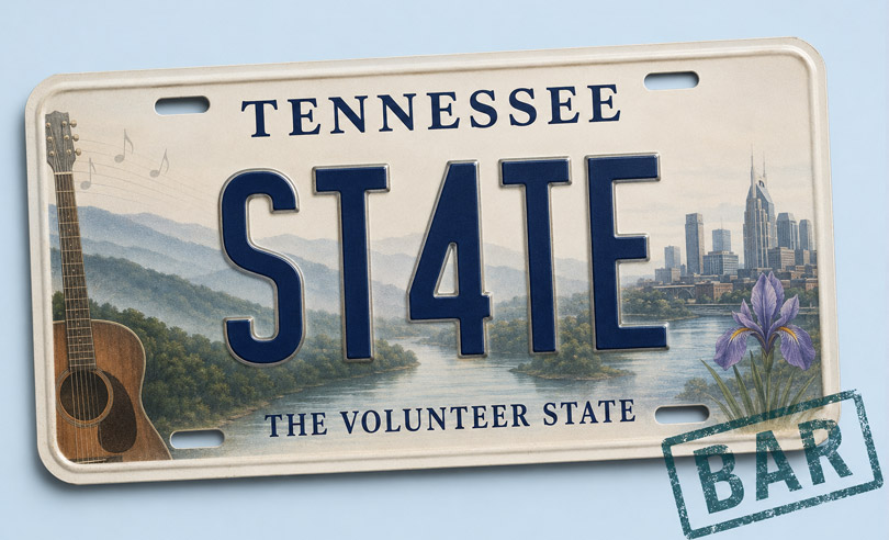 Tennessee state license plate banner for ST4TEBAR online bar exam preparation and legal courses