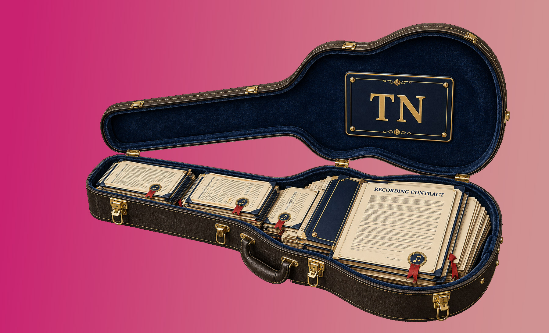 Tennessee legal humor illustration: a guitar case containing only admissible evidence