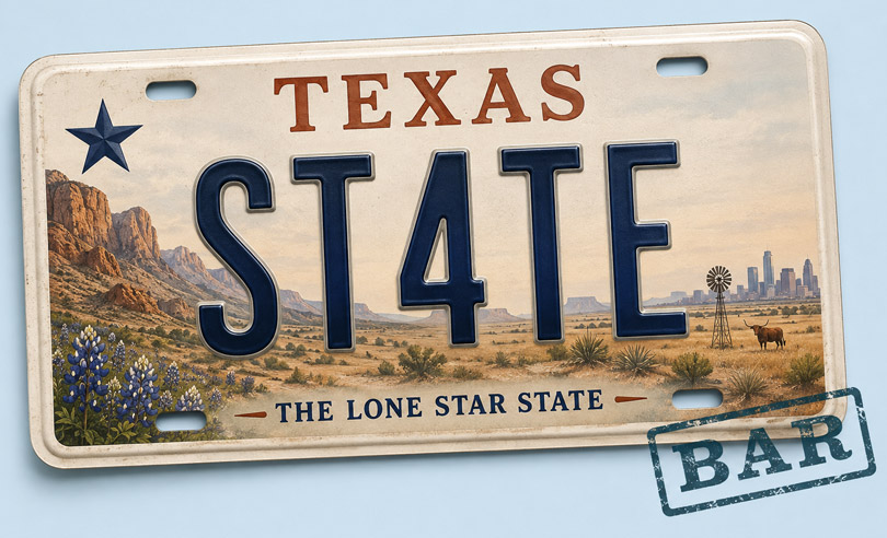 Texas state license plate banner for ST4TEBAR online bar exam preparation and legal courses