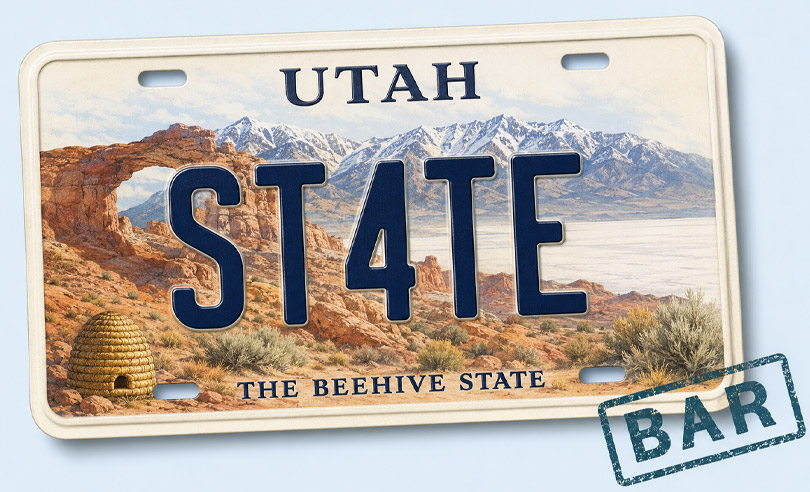 Utah state license plate banner for ST4TEBAR online bar exam preparation and legal courses