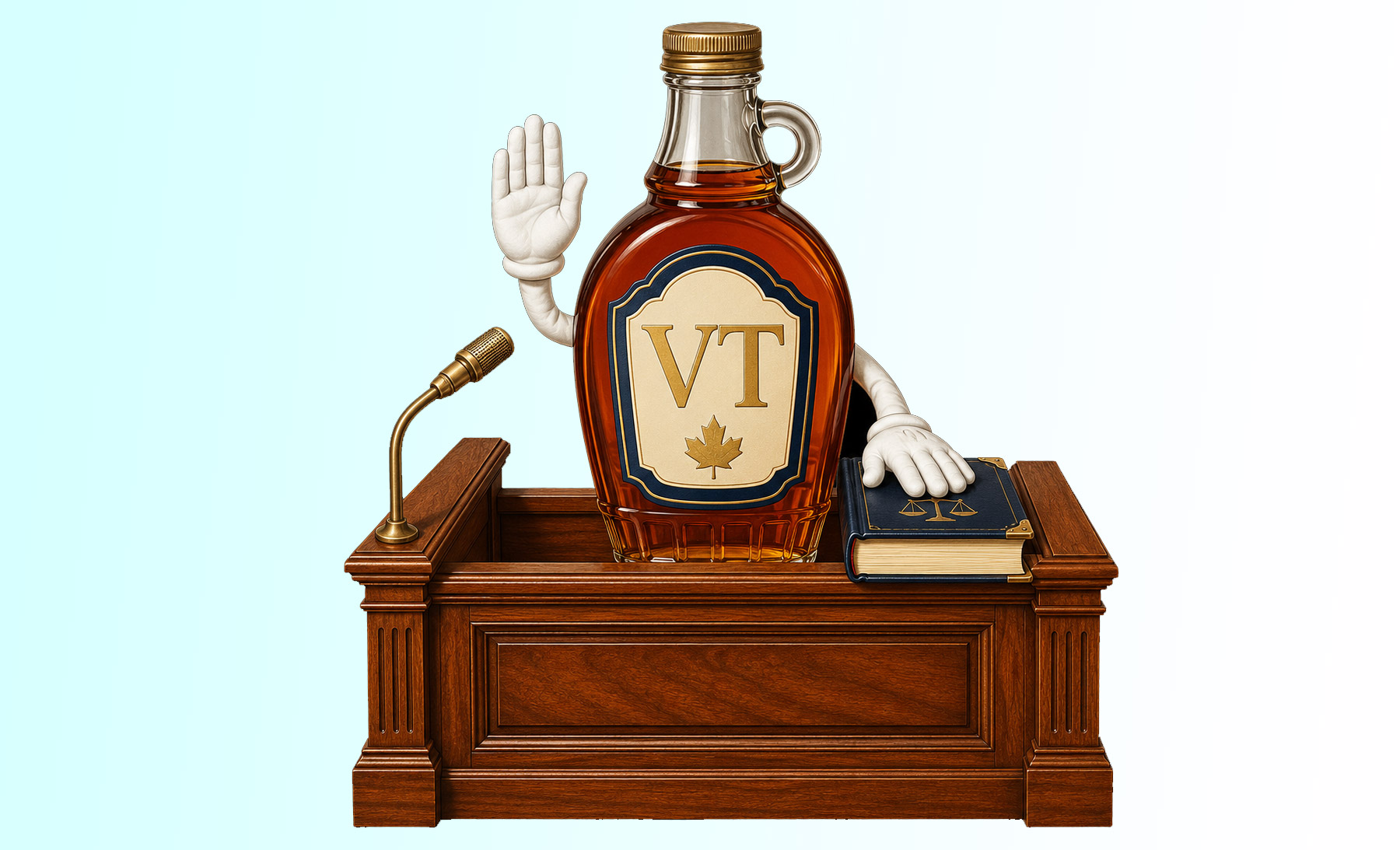 Vermont legal humor illustration: a maple syrup bottle giving sworn testimony