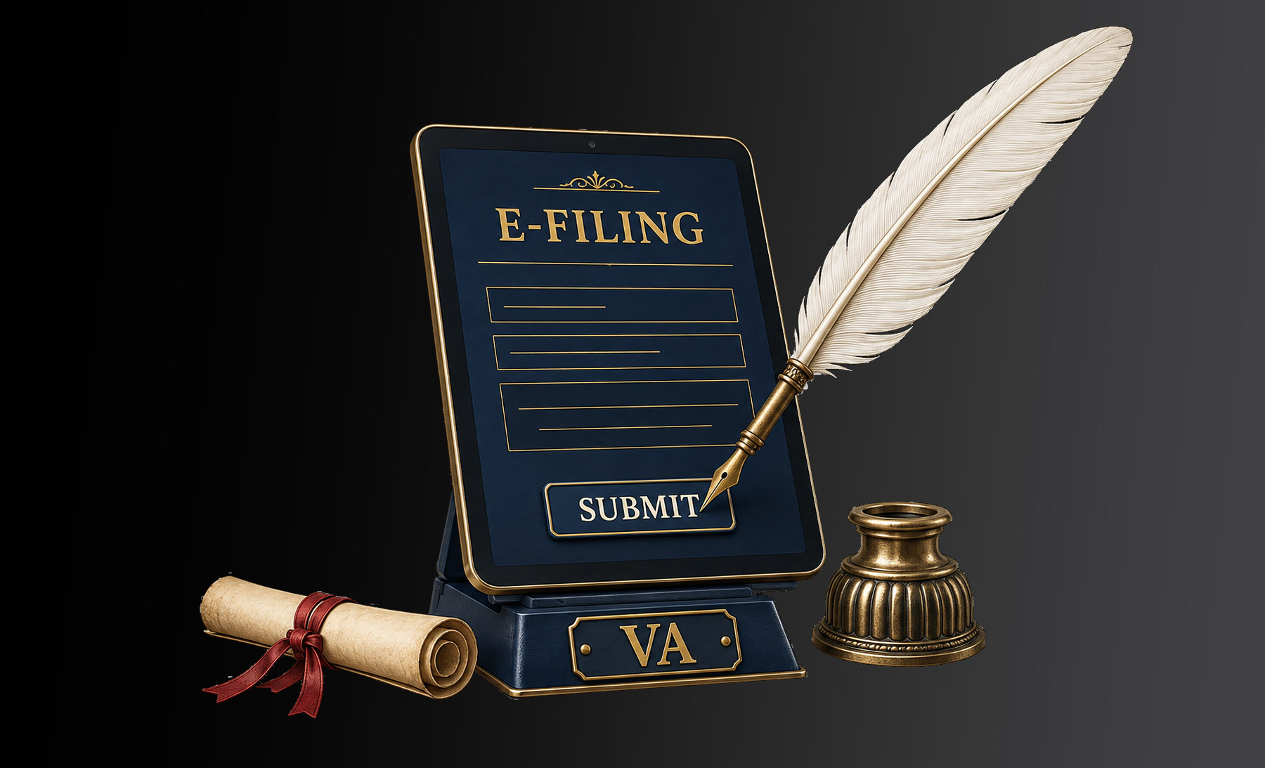 Virginia legal humor illustration: a colonial quill filing electronically
