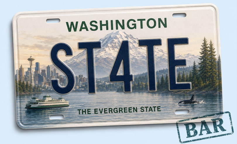 Washington state license plate banner for ST4TEBAR online bar exam preparation and legal courses