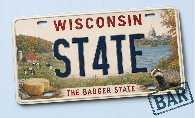 Wisconsin state license plate banner for St4teBar online bar exam preparation and legal courses