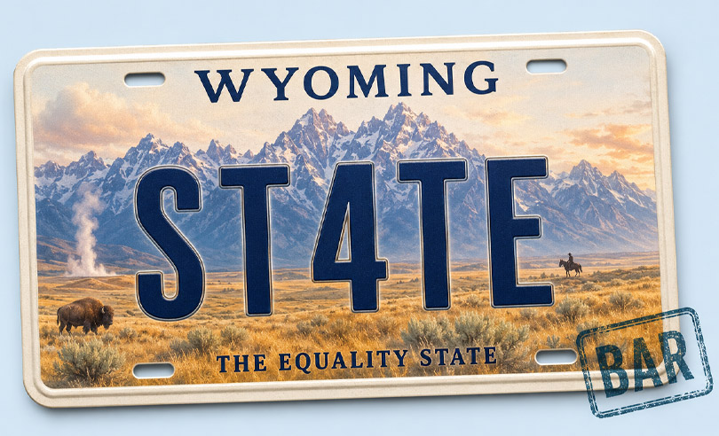 Wyoming state license plate banner for ST4TEBAR online bar exam preparation and legal courses