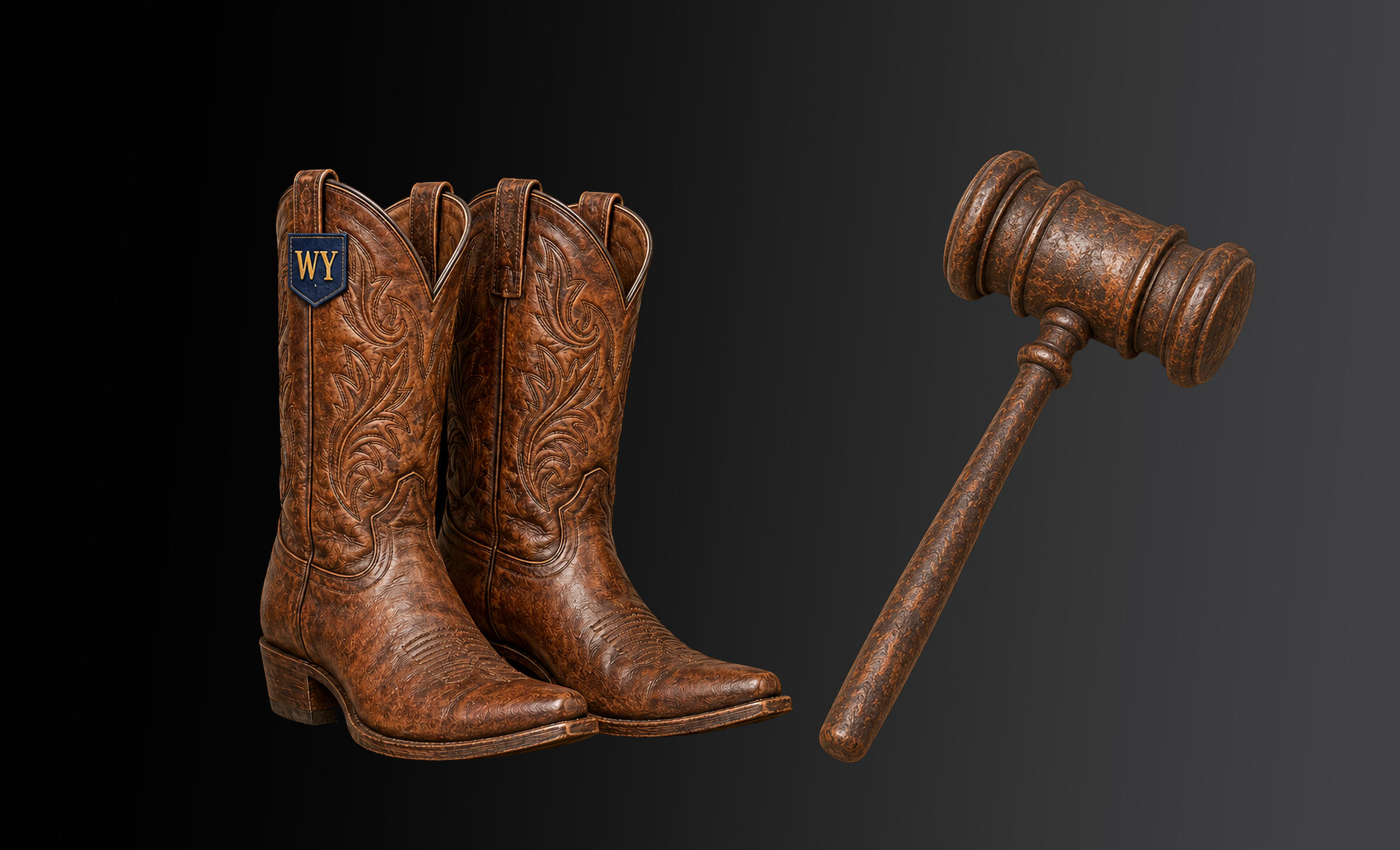 Wyoming legal humor illustration: cowboy boots and a gaval